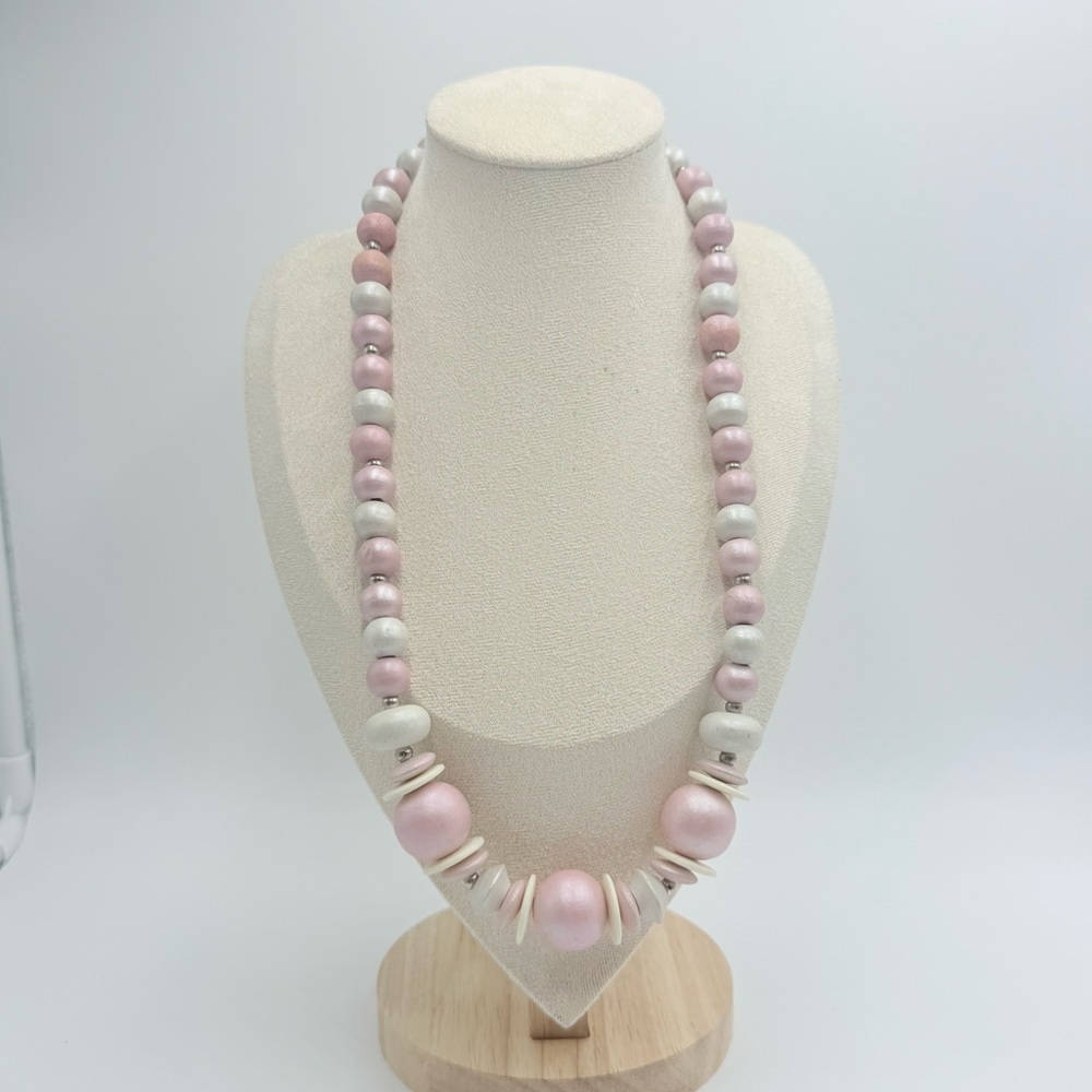 Vintage Beige Pearl Pink Wooden Graduated Round Disc Beads Necklace